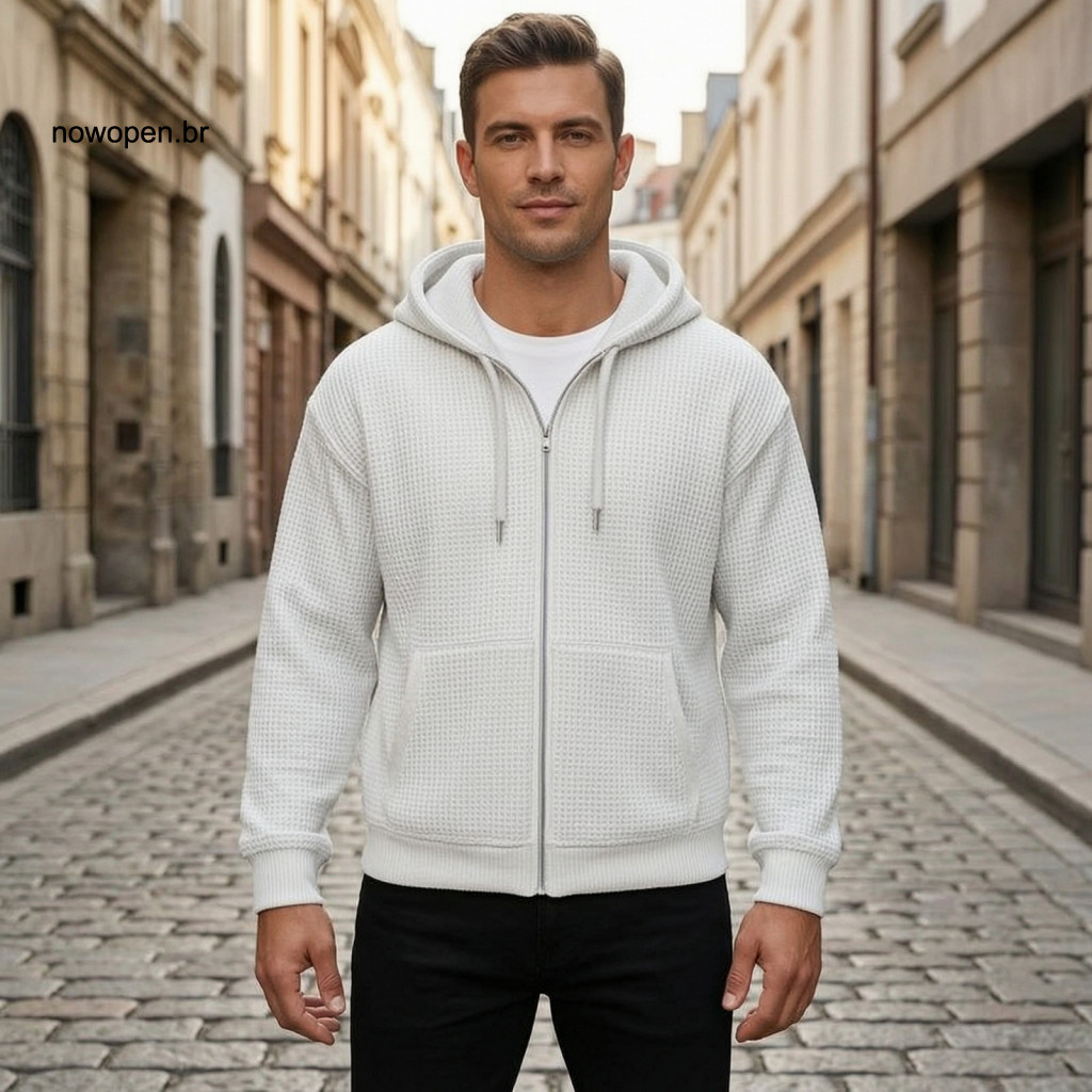 Mens Waffle Jacket Sporty Zippered Men’s Lightweight Hooded – Solid Knit Zip-up Hoodie with Adjustable Hood Pockets