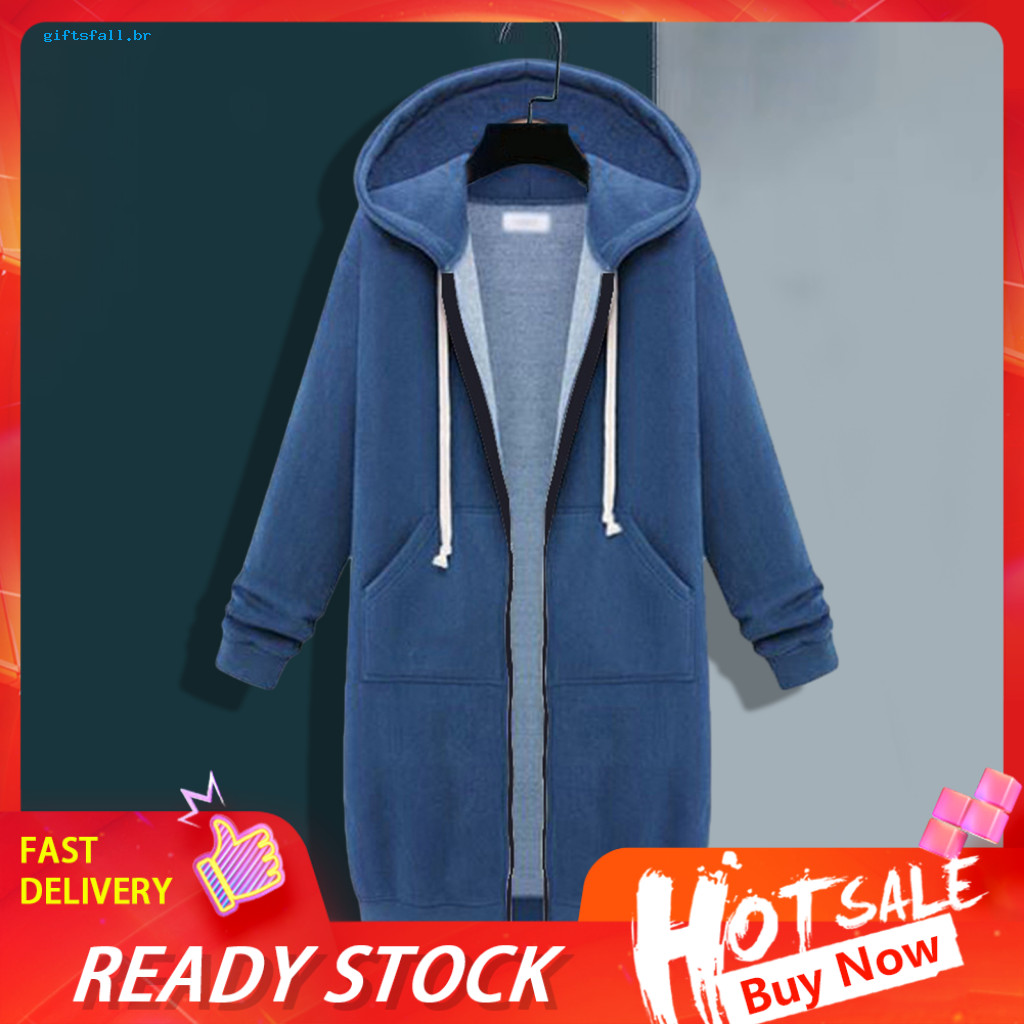 Women Coat Breathable Winter Women’s Mid-length Hooded Sweatshirt with Adjustable Drawstring Long Sleeve Solid Color O
