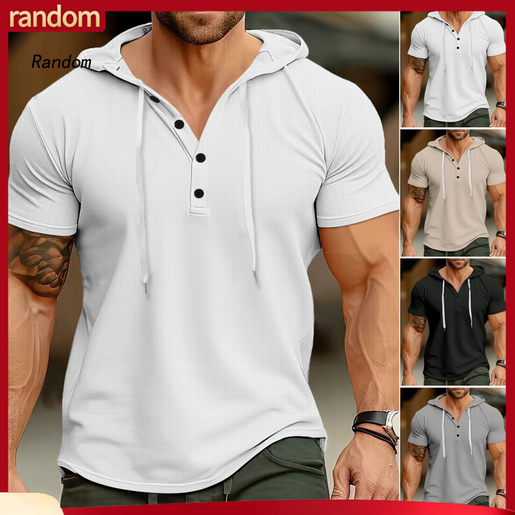 Men Beach Top Adjustable Strap Hooded Men's Summer Short Sleeve Pullover Slim Fit Waffle Texture Casual Mid-length Hoodi