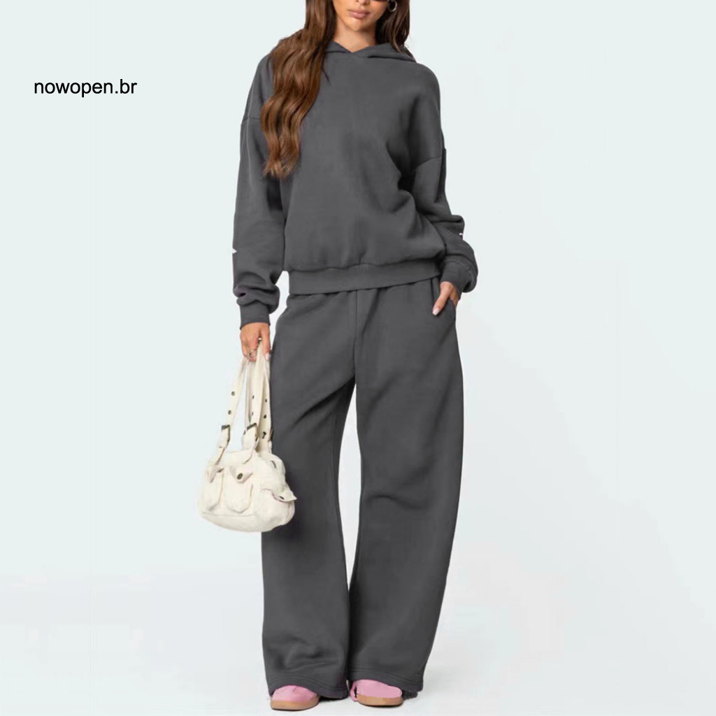 Elastic Waistband Sweatpants Women Wide Leg 2 Pcs Hoodie and Pants Set Bow Print Hooded Long Sleeve Top with Adjustable