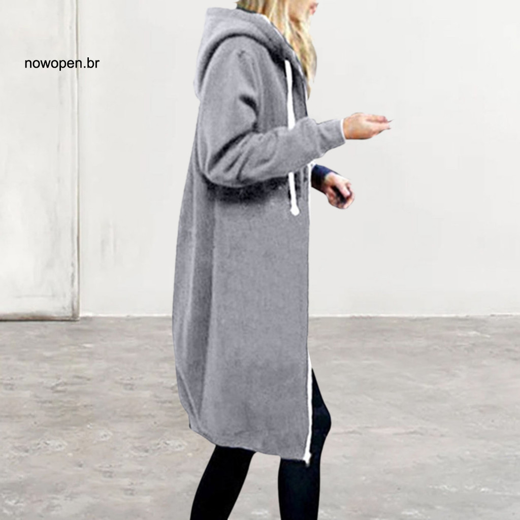Breathable Winter Coat Women Women’s Mid-length Hooded Sweatshirt with Adjustable Drawstring Long Sleeve Solid Color O
