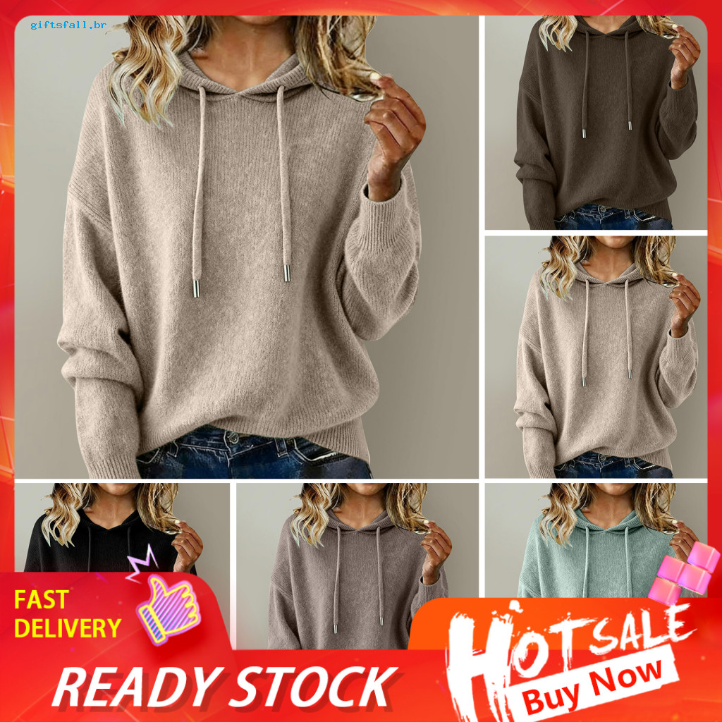 Knitting Sweater Durable Women Hooded Women’s with Adjustable Drawstring Long Sleeve Loose Fit Pullover Top for Fall f