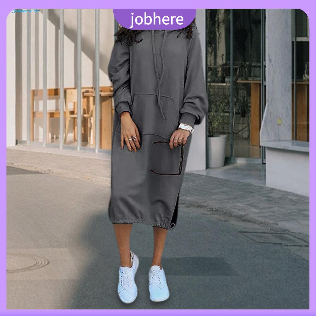 Hooded Long Dress Women’s Fall Spring Midi with Adjustable Drawstring Hem Sleeve Loose Solid Color Slit and for Southe