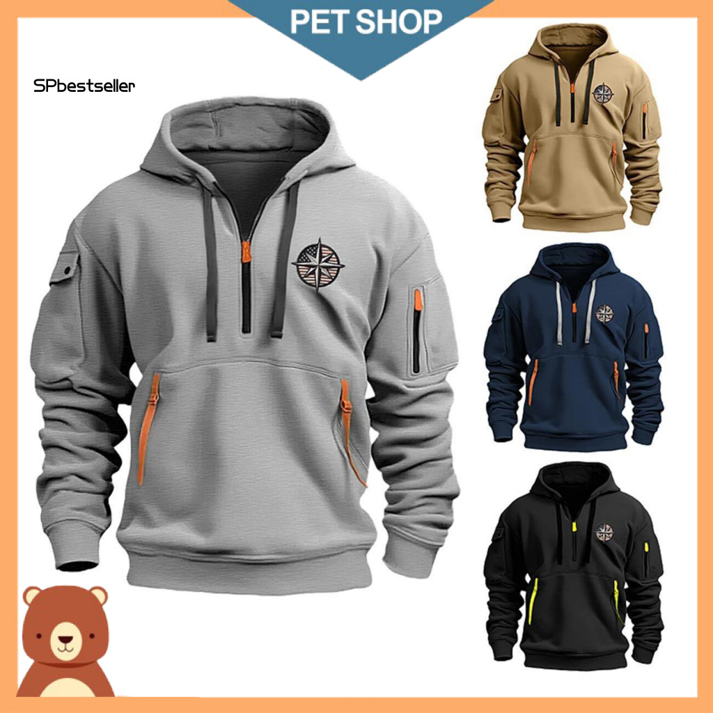Adjustable Drawstring Hoodie Retro with Zipper Pocket Men's Fall Winter Solid Color Half Hooded Sweatshirt Embroidery Ba