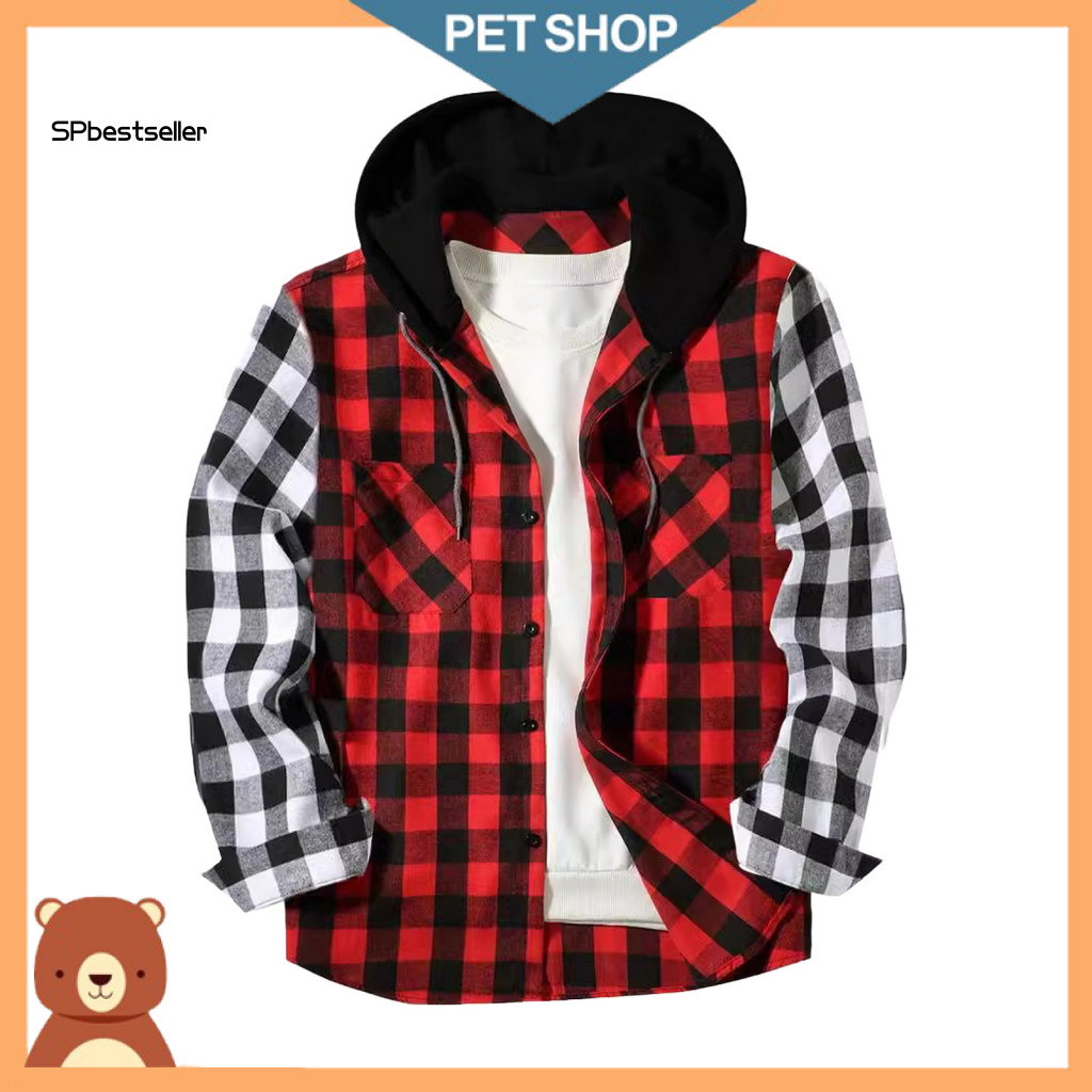 Color Matching Shirt Hooded Jacket Men's Fall Winter Plaid with Hood Long Sleeves Chest Pocket Adjustable Drawstring Sin
