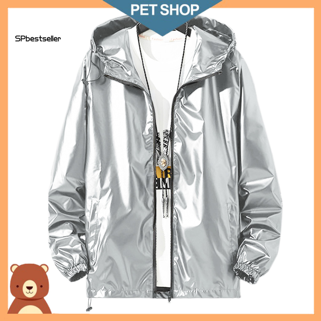 Autumn Men Hooded Jacket Regular Fit Men's Shiny Glossy with Adjustable Drawstrings Long Sleeve Teen Coat Cuffed Sleeves