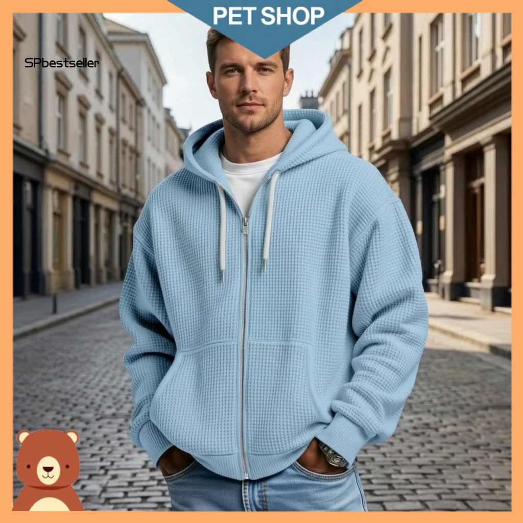 Modern Streetwear Mens Waffle Jacket Men’s Lightweight Hooded – Solid Knit Zip-up Hoodie with Adjustable Hood Pocket