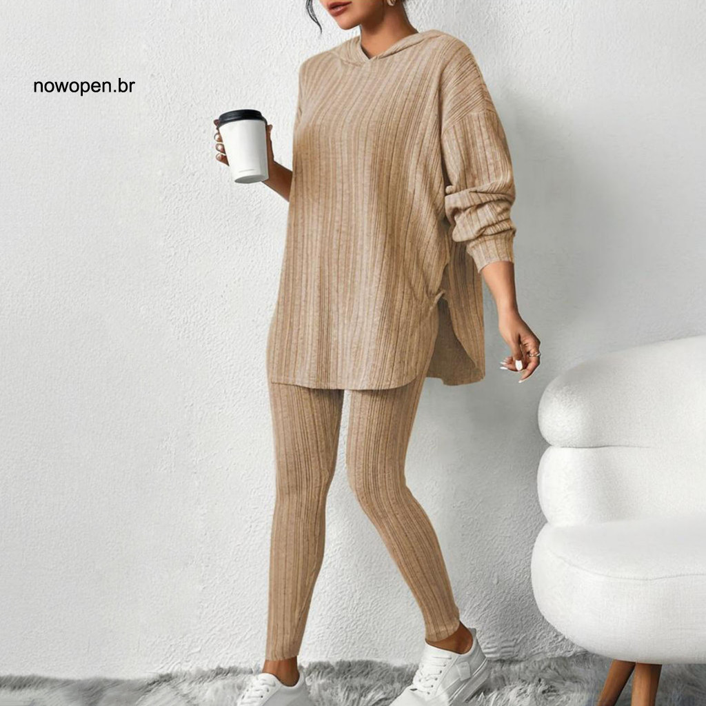 High Waist Sweatpants Set Women 2 Pcs Hoodie Pants Slim Fit Adjustable Sportswear Tracksuit Mid Length Hooded Top Long S