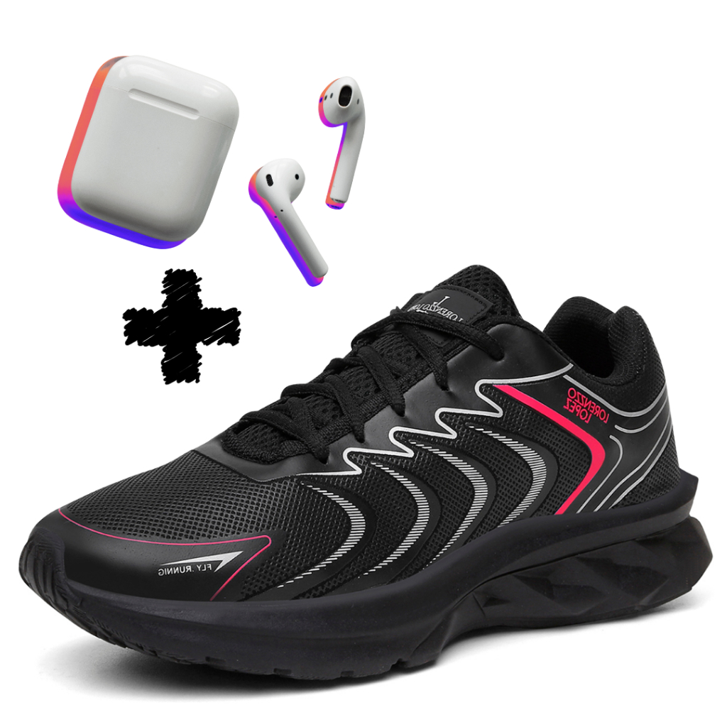 KIT TENIS FEMININO + FONE DE OUVIDO BLUETOOTH CORRIDA ACADEMIA PRETO ORIGINAL LANÇAMENTO TREINO