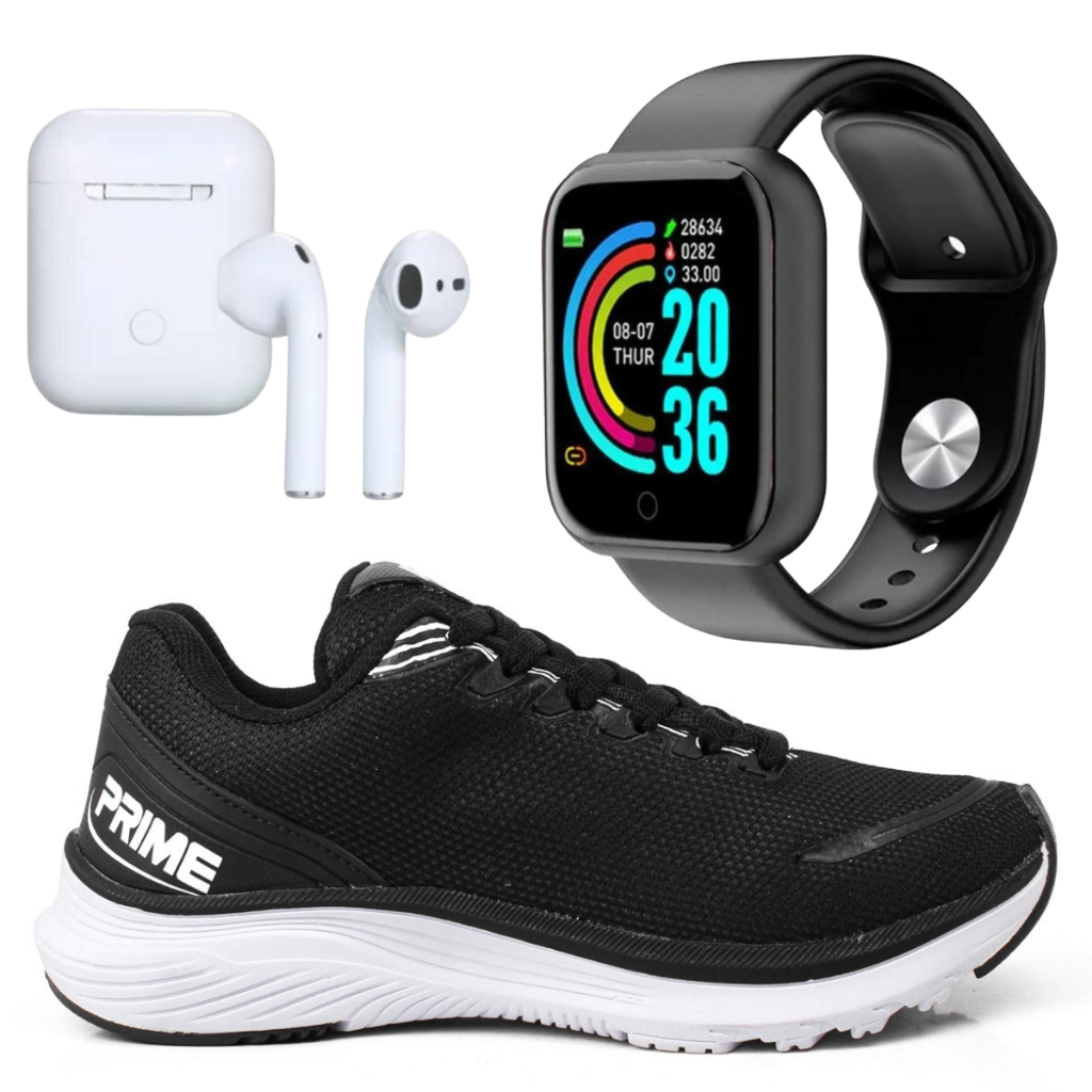 Kit Tênis Masculino Corrida Confortável + Fone Bluetooth + Relógio Smart