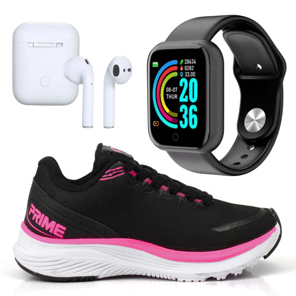 Kit Tênis Feminino de Corrida Caminhada Leve + Fone Bluetooth + Relógio Smart