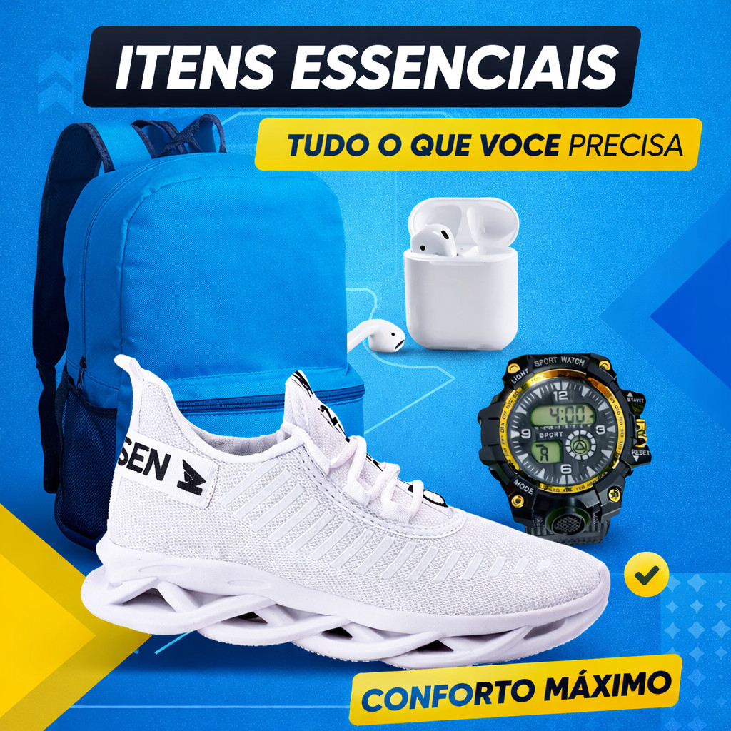 Kit Tenis Masculino Academia Corrida Conforto Mochila Fone bluetooth sem fio Relogio digital