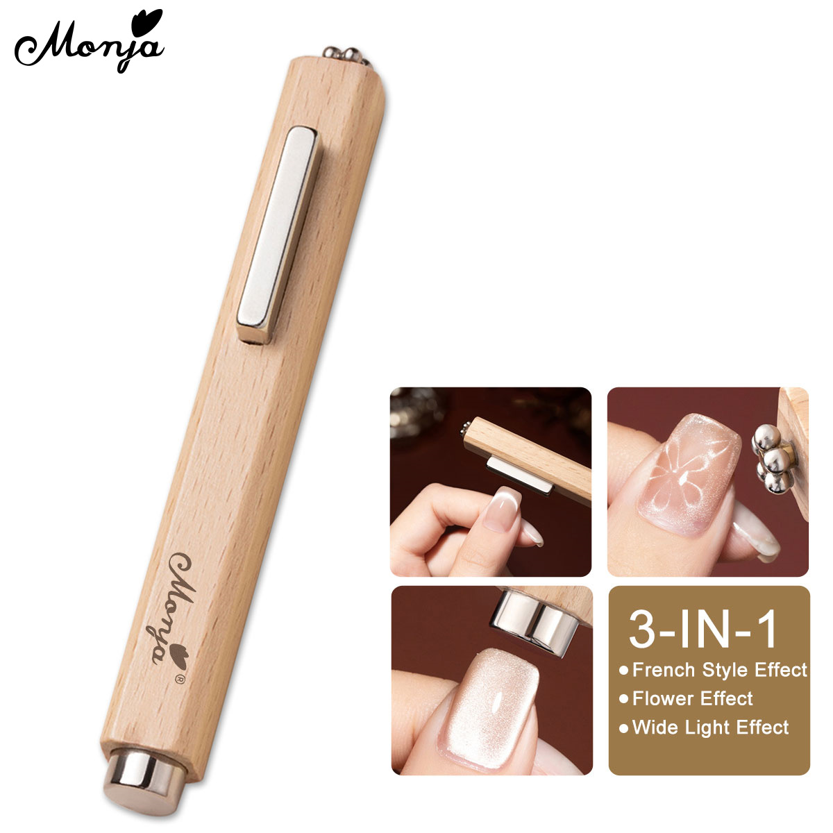 Pincel de Unhas de Acetato Magnético 3 em 1 Monja, Gel de Unhas com Olho de Gato, Bastão Magnético 3D para Gel de Unhas