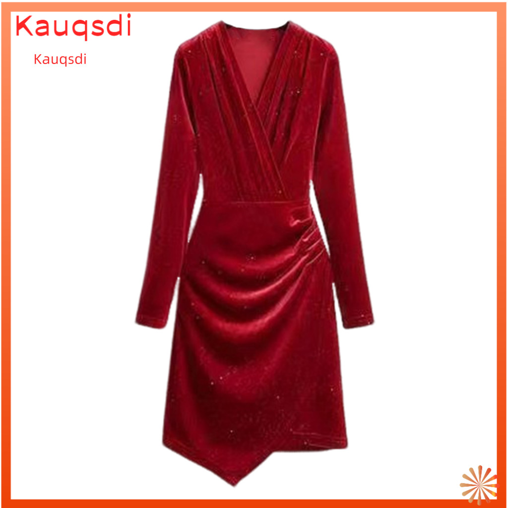Women Dress Solid Color Women’s V Neck Long Sleeve Mini Pleated Slim Fit Sheath with Irregular Hem Elegant Pure Party