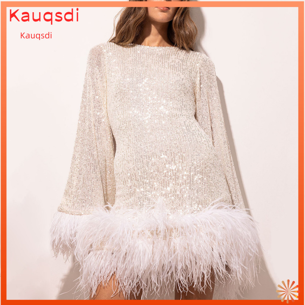 Sequined Feather Dress Sequin Women’s Evening Slim Waist Hem Backless Long Sleeve O-neck Short Mini for Party Prom Wed