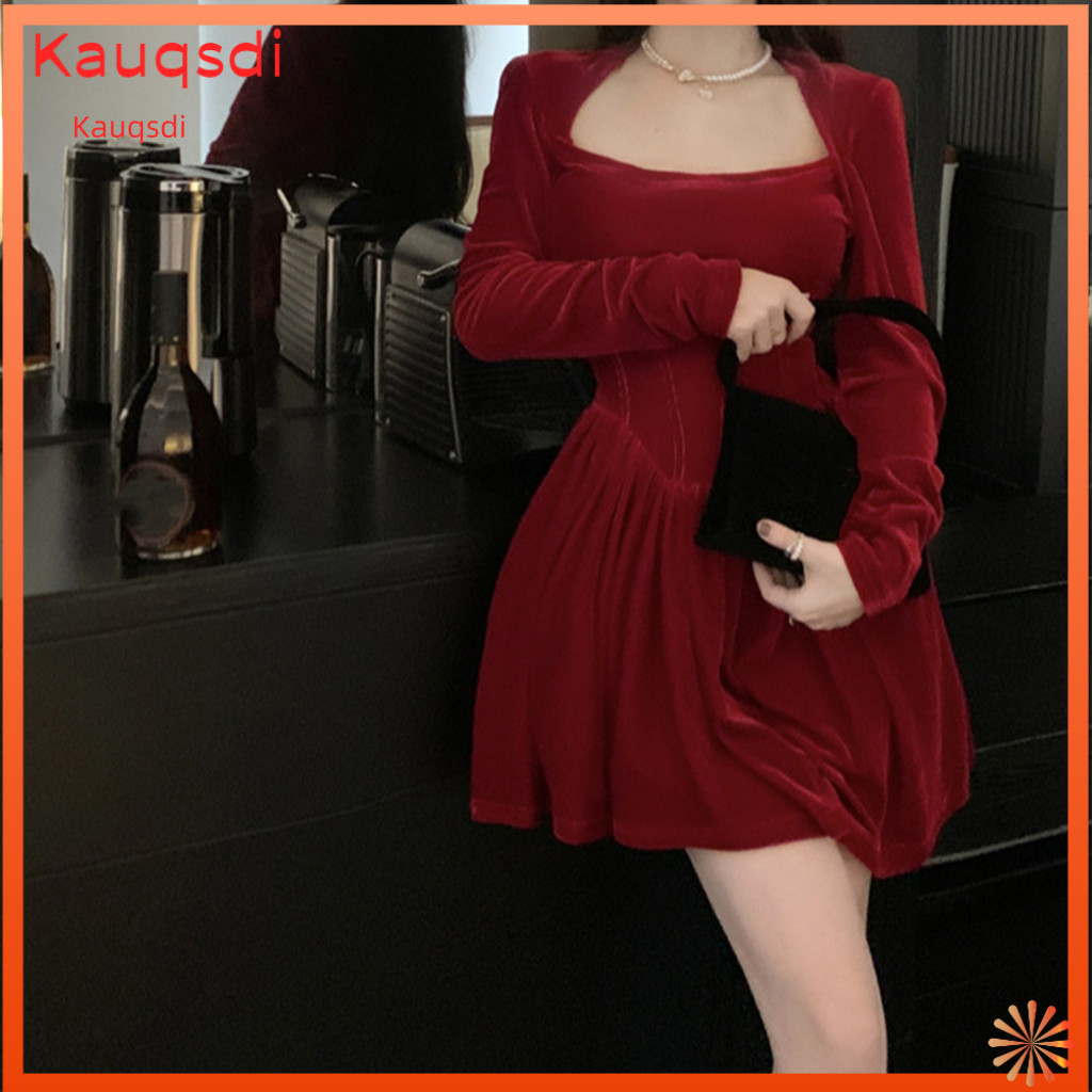 Fall Short Dress Women Velvet Women’s Mini Square Neck Pleated A-line Slim Waist Long Sleeve Party Elegant Princess St