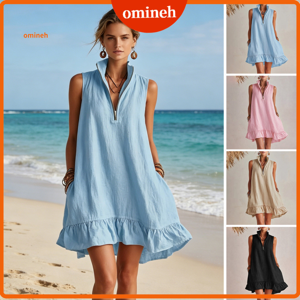 Loose Fit Mid-length Dress Women’s Mini Summer Flowy Beach Sundress Half Zipper Stand Collar Ruffle A-line Vacation Pe