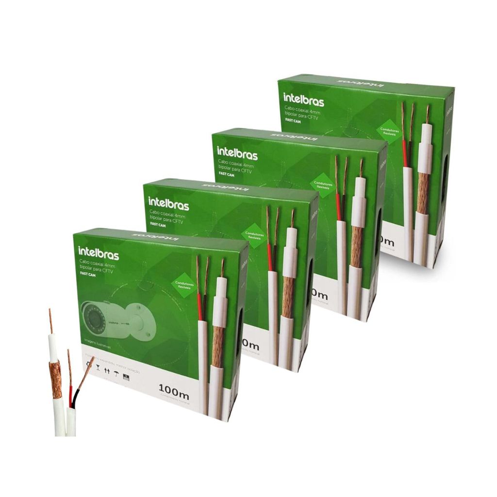 Kit 4 Cabos Coaxial Bipolar 4mm 2x26awg 67% 100m FC67CBR FAST CAM Intelbras