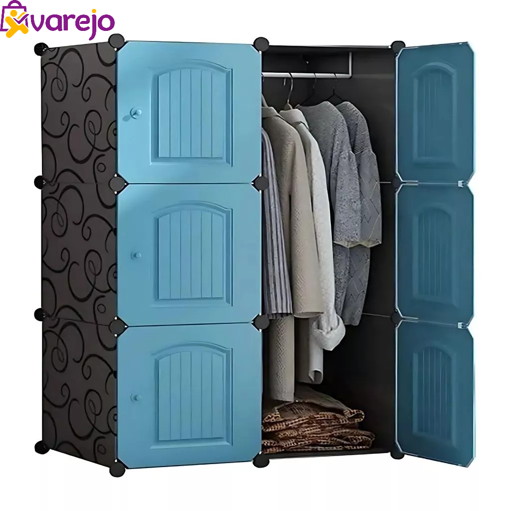 Guarda-Roupa Simples de Montar Modular 6 Portas Armário Roupeiro Minimalista Azul e Preto