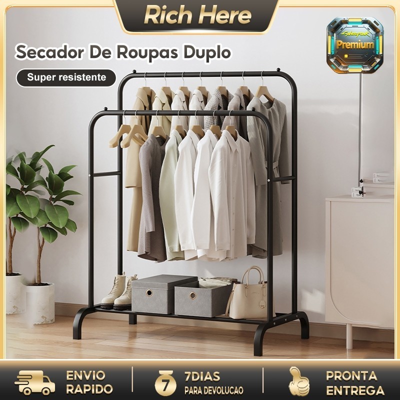 Cabideiro arara de Chão com Sapateira - Rack Organizador Portátil e Regulável para Roupas e Calçados