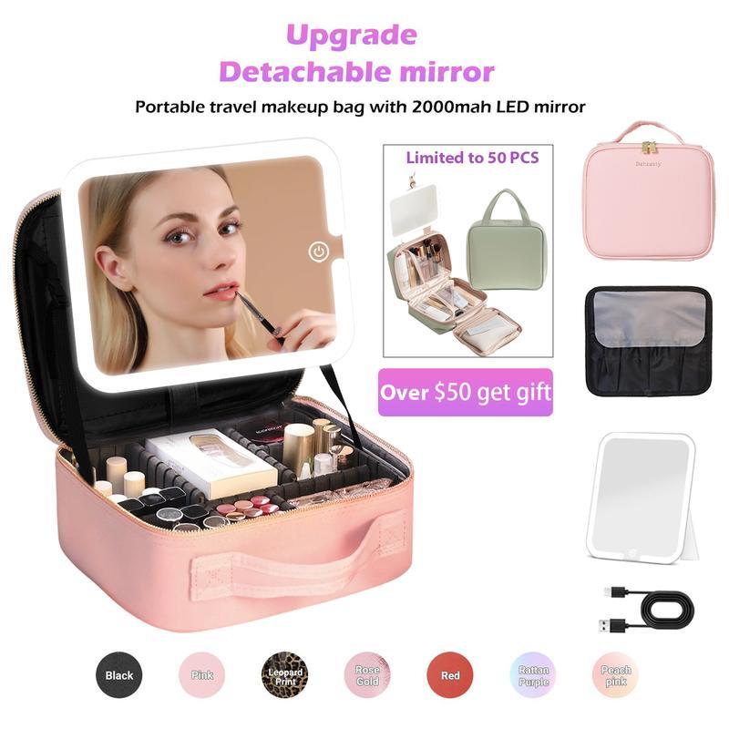 Behaesty Travel Makeup bag with Detachable LED Mirror 3-color Lighted, USB Rechargeable makeup bag organizer Custom Stor
