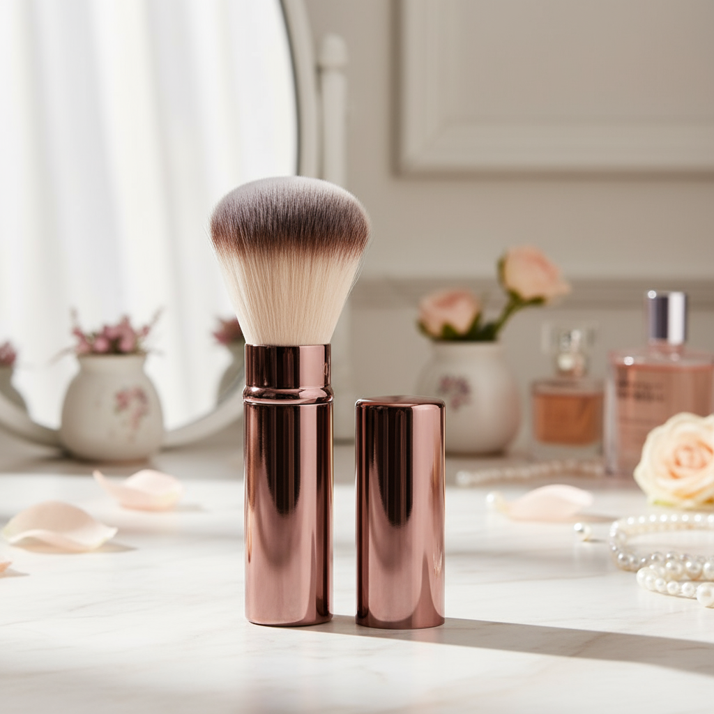 1 peça escova de blush retrátil, ferramenta de maquiagem portátil com tampa, pó solto e blush de fixação ultra.