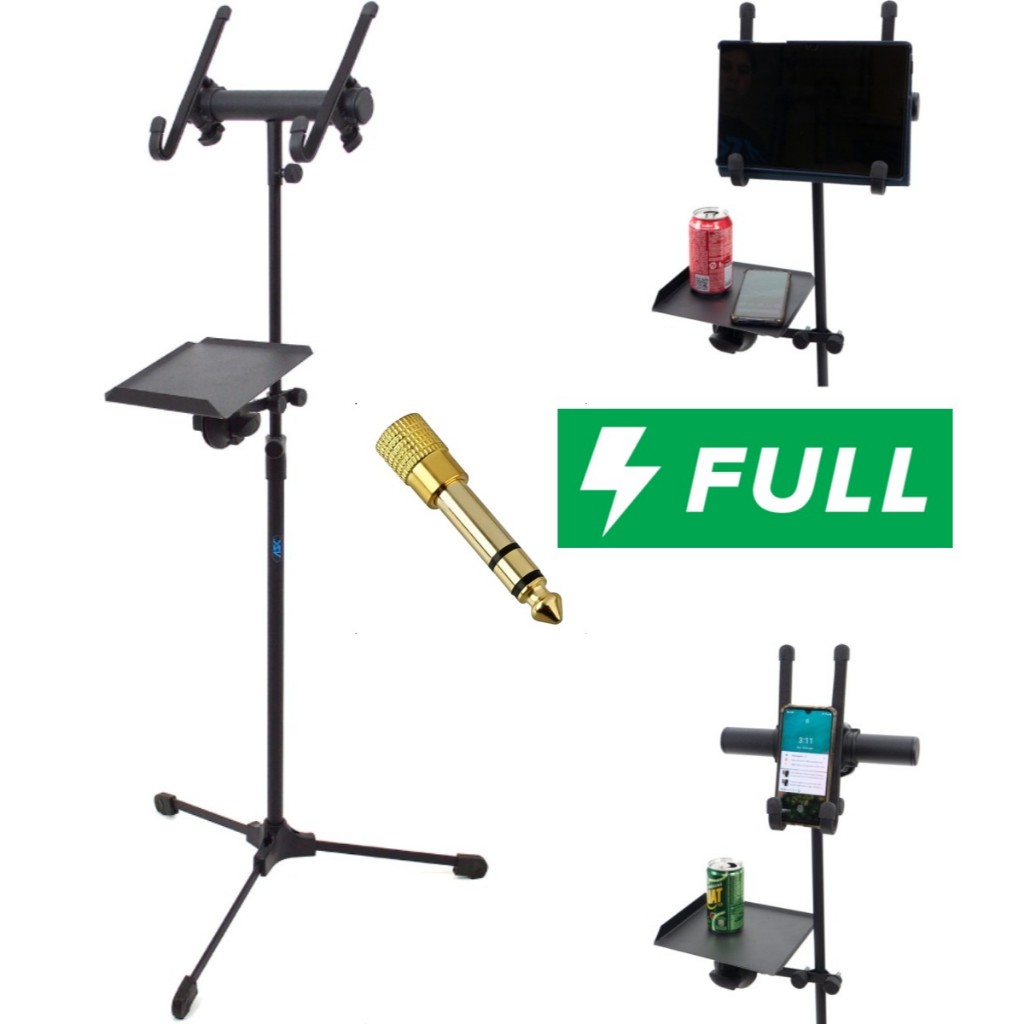 Estante Suporte Tripé Retrátil Para Tablet Notebook Banner + Mimo Plug Adaptador P10 Dourado Aço Resistente