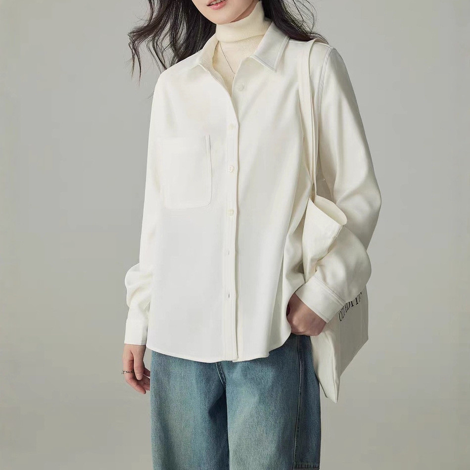 Milky white brushed long-sleeve shirt for women, suitable for autumn and winter professional commuting and interviews, t