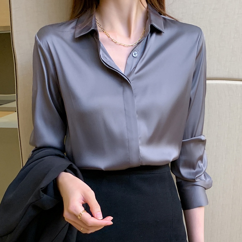 Camisa de Seda Mulher Primavera Outono Estilo Satin Professional Wear Commuter Manga Longa Coréia Versão Mulberry Silk Shirt 2024
