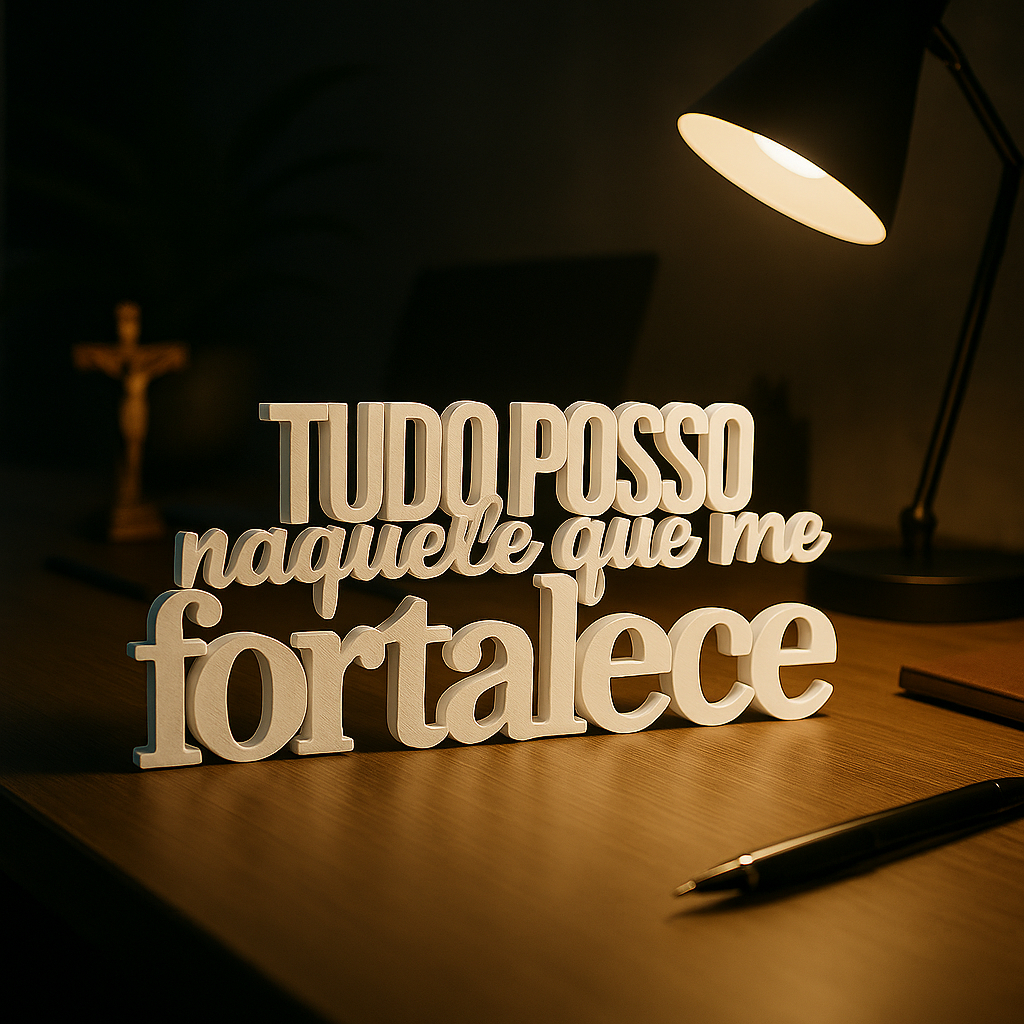 Frase 3D Tudo Posso – Decoração Religiosa e Presente