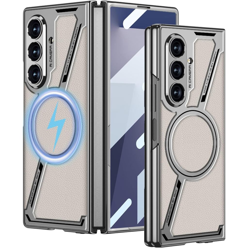 Electroplated Frame Z Shape Magnetic Case for Samsung Galaxy Z Fold 7 with Built-in Screen Protector, Camera Protection,