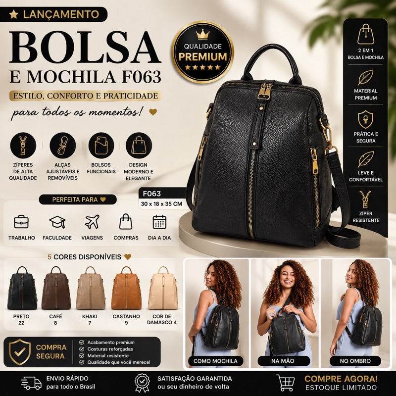 Bolsa Mochila Feminina 2 em 1 Grande Couro Sintético Premium Casual Elegante Impermeável com Alças Ajustáveis F063