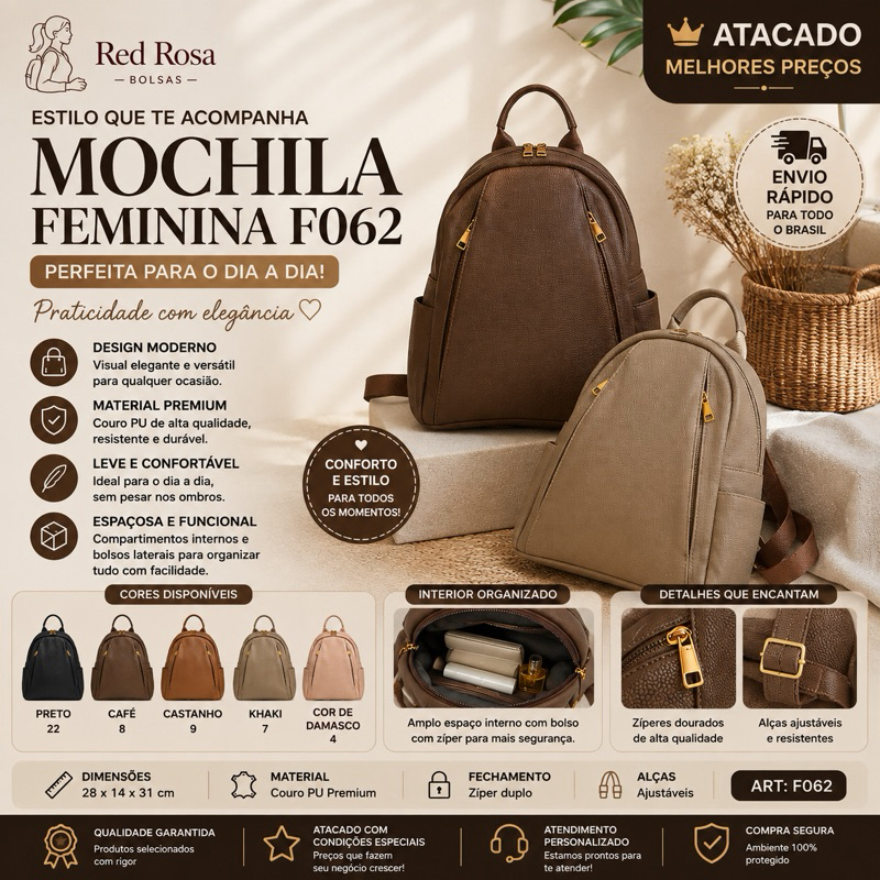 Mochila Feminina Casual Grande em Couro PU Premium – Leve, Elegante e Espaçosa | F062
