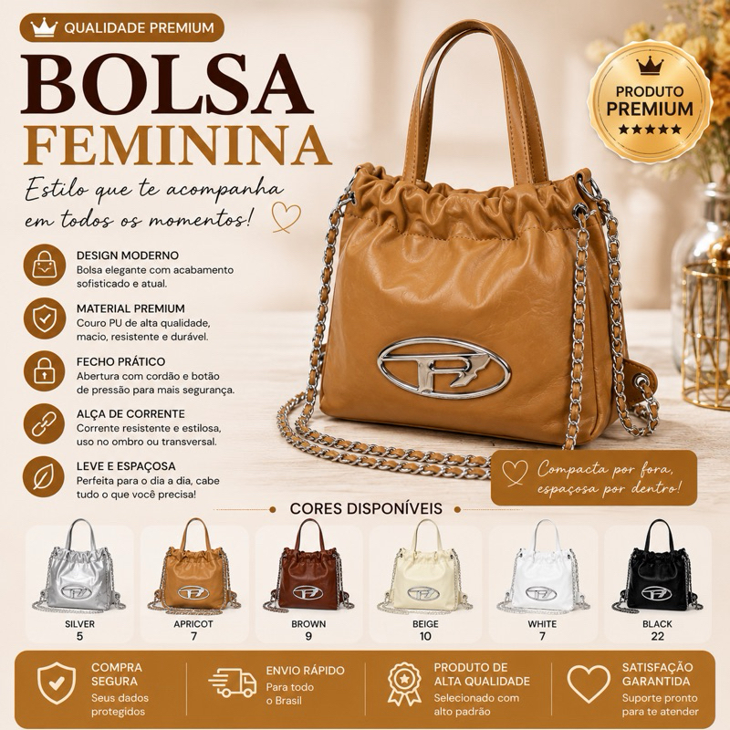 bolsa e mochila Premium com Corrente | Bolsa de Ombro e Transversal | Macia, Elegante e Espaçosa 0828