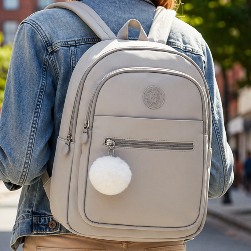 Mochila Bolsa Feminina Tactel Nylon Escola Faculdade Premium Trabalho Com Pompom De Brinde