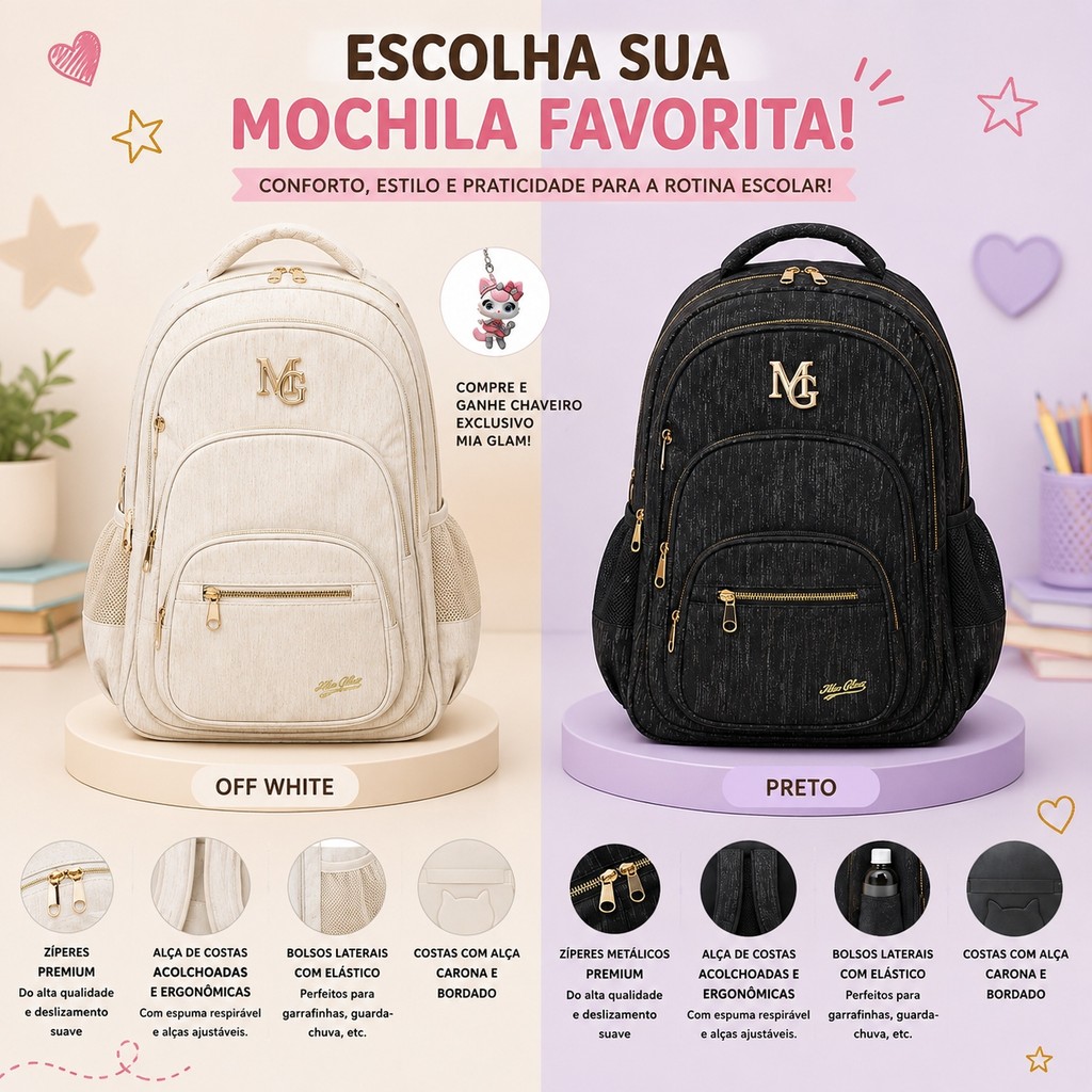Mochila Escolar Mia Glam Tecido Texturizado Premium Cores Preto Off White Mochila Multiuso Acompanha Chaveiro Original