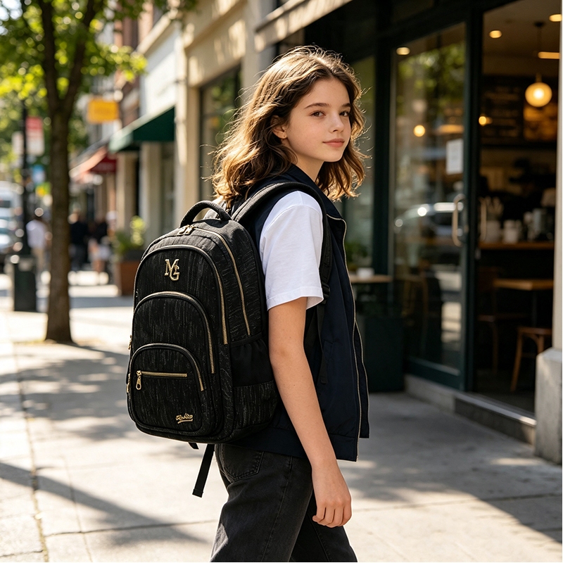 Mochila Escolar Mia Glam 19 Polegadas Tecido Texturizado Premium Cores Preto Off White Multicompartimentos Zíperes Metál