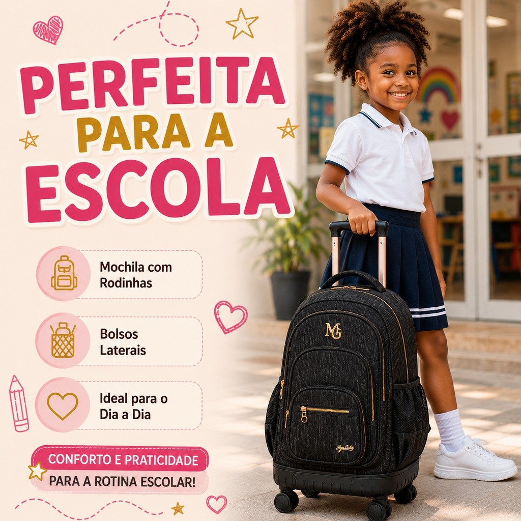 Mochila de Rodinhas Mia Glam Tecido Texturizado Premium Cores  Carrinho Retrátil de Alumínio Acompanha Chaveiro Original