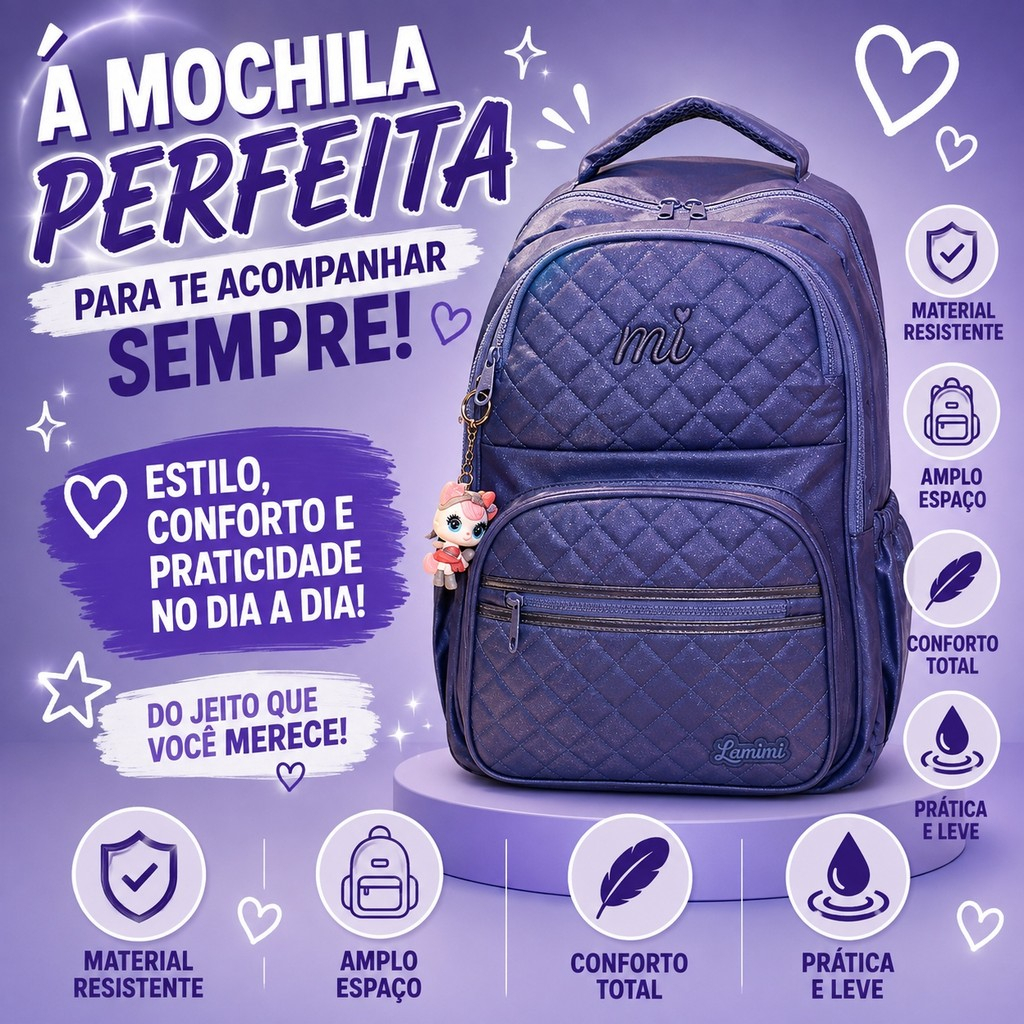 Mochila Escolar Feminina Infantil Menina Reforçada Premium