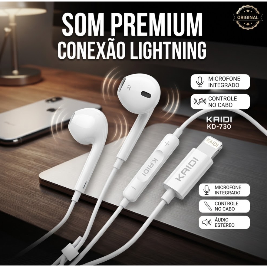 Fone Lightning para iPhone Kaidi KD-730 Som Premium Original