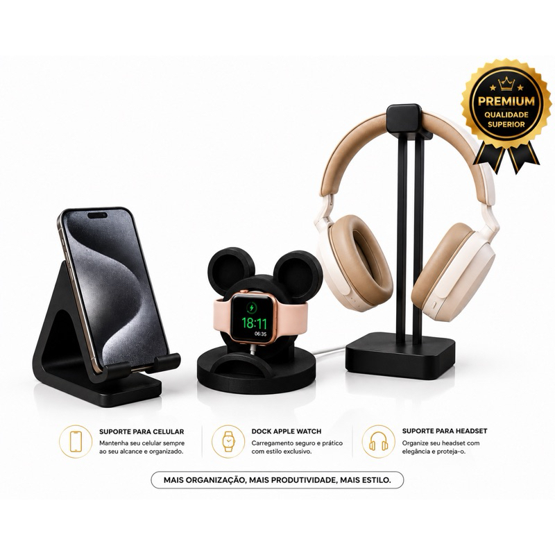 Kit Organização de Mesa Premium 3 em 1 | Suporte Celular + Dock Apple Watch + Suporte Headset