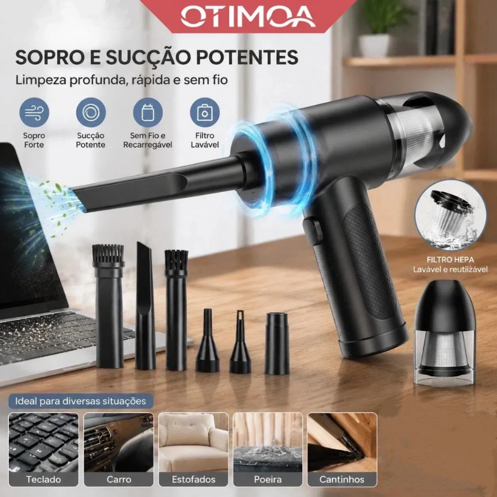 Mini Aspirador de Carro e Soprador Sem Fio 2 em 1 | 3 Velocidades e Filtro HEPA Lavável | Limpeza Doméstica