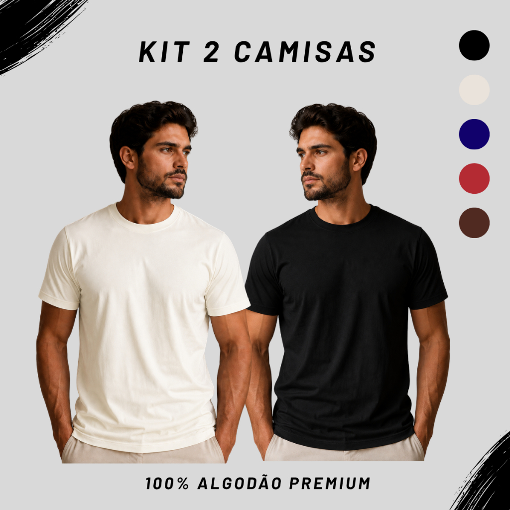 Kit 2 Camisetas Básicas Premium 100% Algodão Dia a Dia Camisa T-Shirt Masculina Slim Promoção Cores Sem estampa