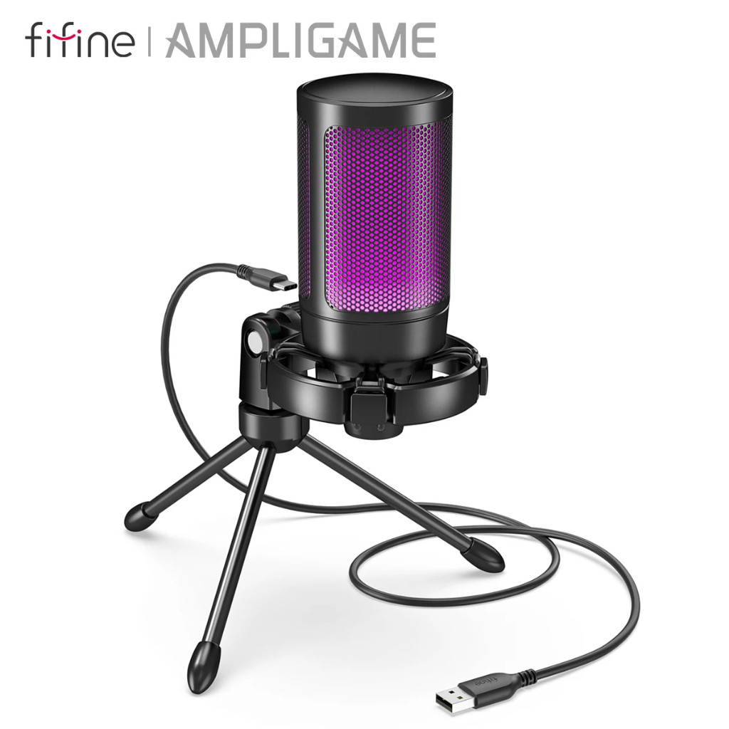 FIFINE A2 USB Gaming Microfone com Light-Touch Mute,  Tripé para PC,PS4, PS4, 5,Laptop Streaming-A
