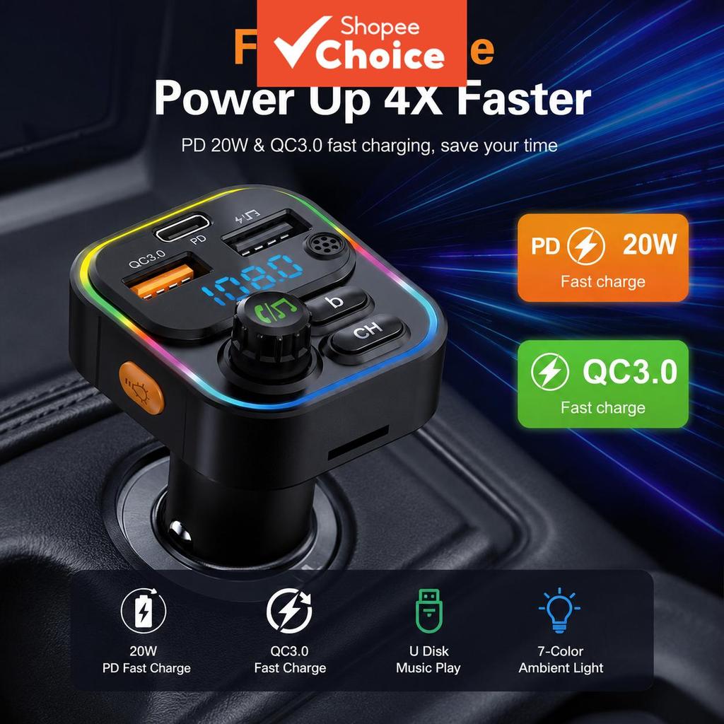 Bluetooth ‐ 5.2 Car Fm Transmissor Pd Type C Dual Usb Charger Ambienent Light Wireless Hands Free Mp3 Player Qc3.0 Vehic