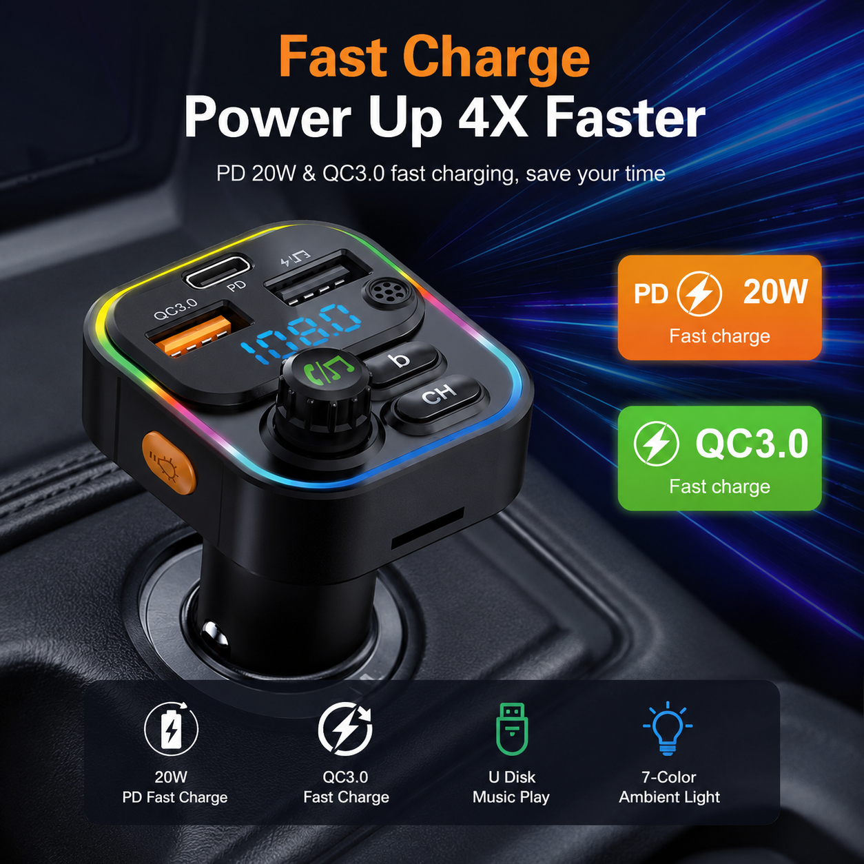 Bluetooth ‐ 5.2 Car Fm Transmissor Pd Type C Dual Usb Charger Ambienent Light Wireless Hands Free Mp3 Player Qc3.0 Vehic