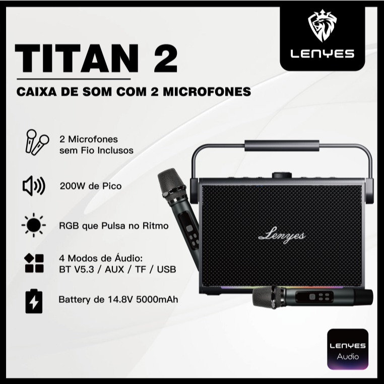 Caixa de Som Bluetooth 200W com 2 Microfones UHF Grave Potente RGB Fast Charge 30W e Alça LENYES