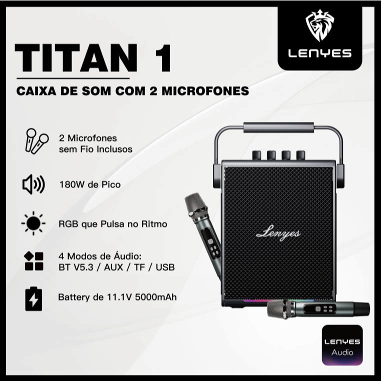 Caixa de Som Bluetooth 180W com 2 Microfones UHF para Karaokê RGB Fast Charge 30W e Alça LENYES