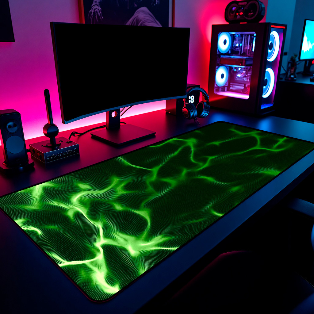 Mouse Pad Gamer Ondas Digitais Verdes 65x30cm 80x40cm 90x50cm 120x60cm Borda Costurada