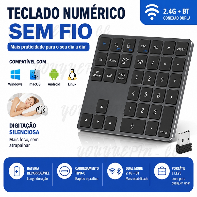 35 Teclas Teclado Duplo Bluetooth Sem Fio Número Pad 2 4G Recarregável Fino Para PC iOS Android Teclados Digitais
